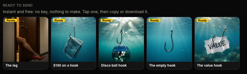 Ready-to-send hook images: The leg, $100 on a hook, Disco ball hook, The empty hook and The value hook