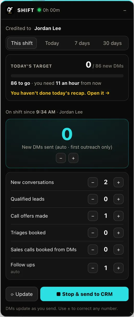 The Witness shift box on Instagram: today's target, the live DM count and the plus and minus buttons