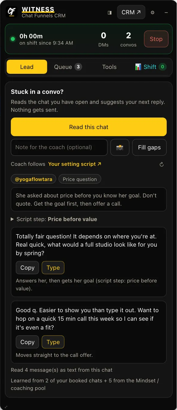 Stuck in a convo: the Read this chat button, the coach's read of the conversation and the suggested replies