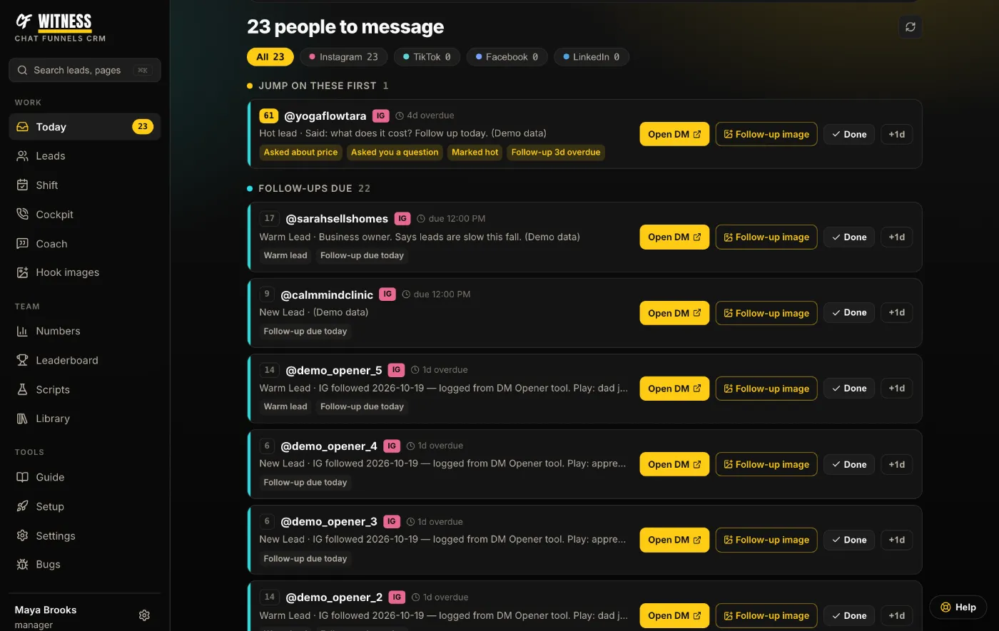 The Today list: people to message grouped by why, each with Open DM, Chat and Done buttons